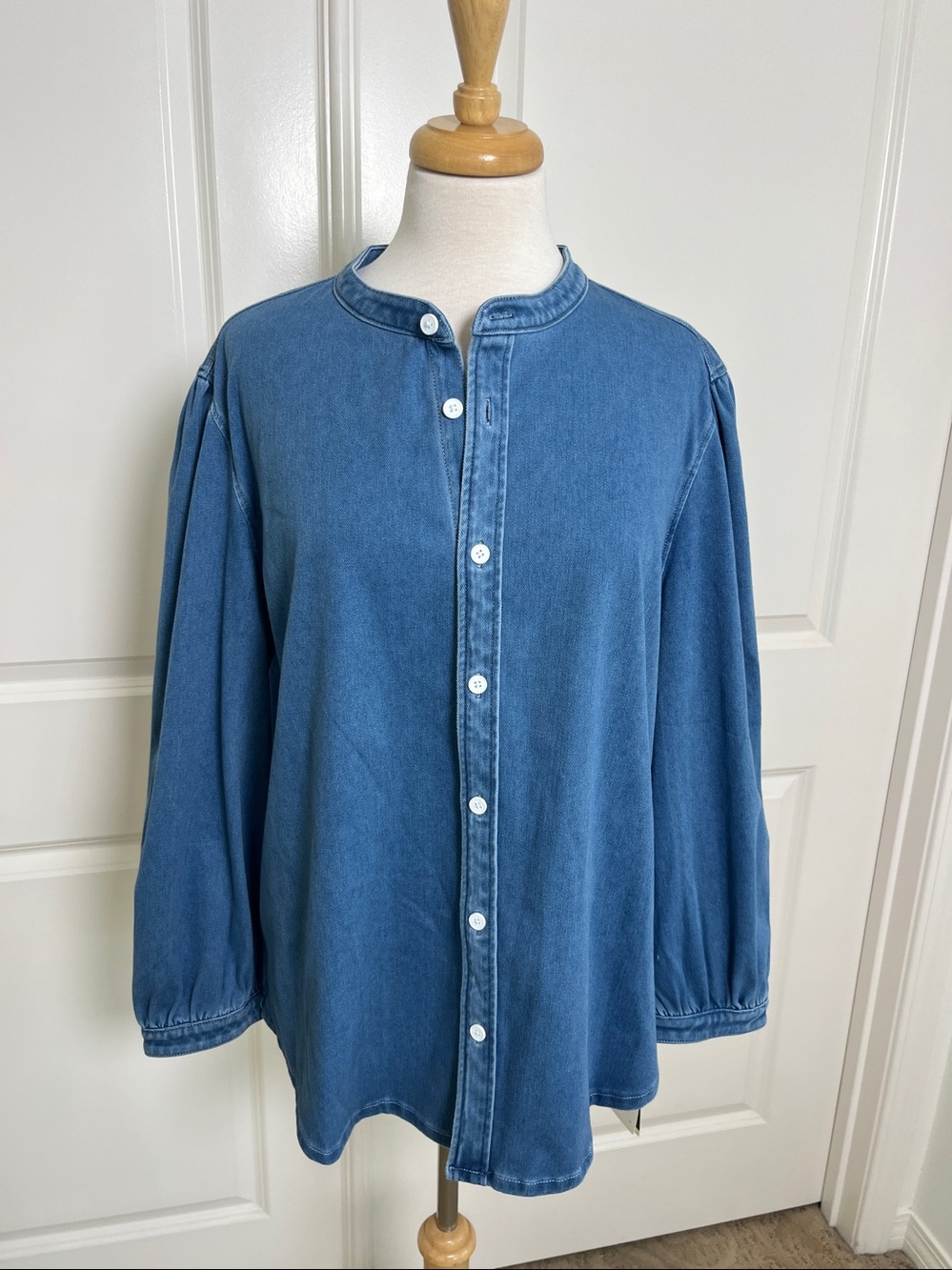 HALARA Flex Stand Collar Puff 3/4 Sleeve Denim Casual Shirt XL